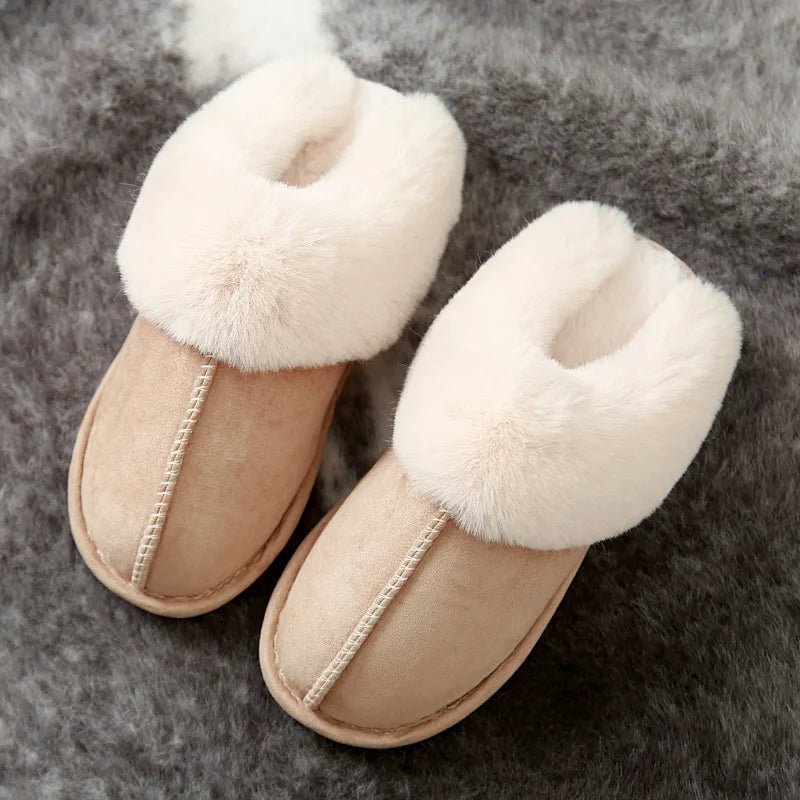 2023 Winter Warm Home Fur Slippers Women Luxury Faux Suede Plush Couple Cotton Shoes Indoor Bedroom Flat Heels Fluffy Slippers